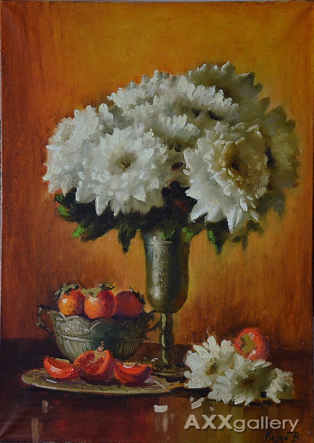 Still life with white chrysanthemums